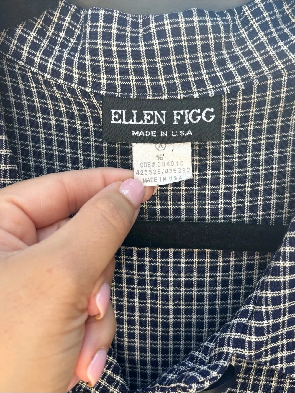 Vintage Ellen Figg Navy Check Button Front Blouse Top L Made USA